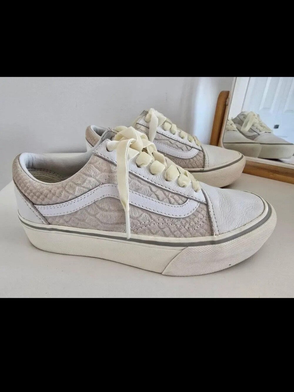 Vans Platform Quilted Low-Top Sneakers in Cream and White